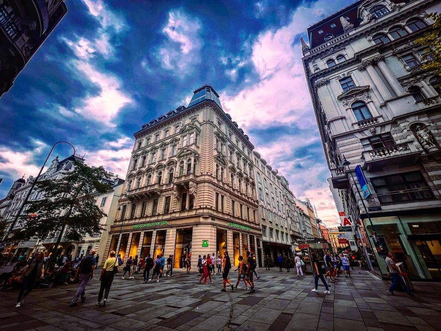City square under a dramatic sky