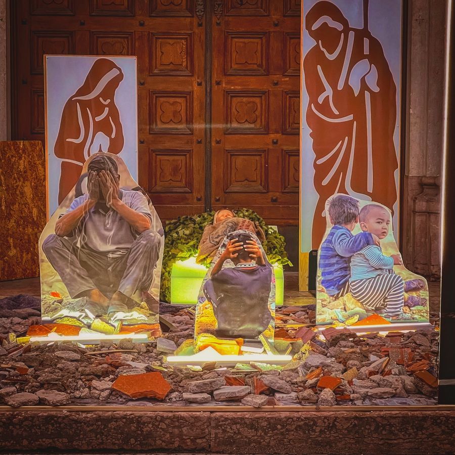Nativity figures at a church door